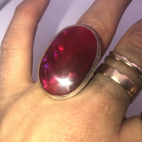 huge Sterling Silver & Abalone w Pink Resin (?) Overlay Sz 7 - Picture 7 of 11